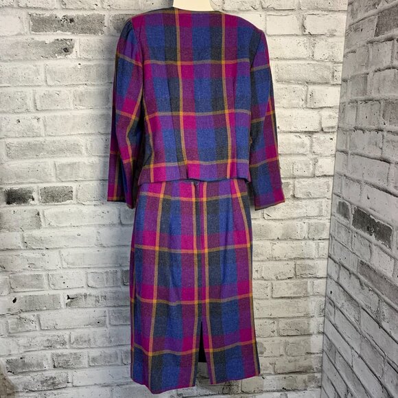Vintage 80s Plaid Double Breasted Blazer Skirt Set Small Purple Blue Handmade - Picture 5 of 16
